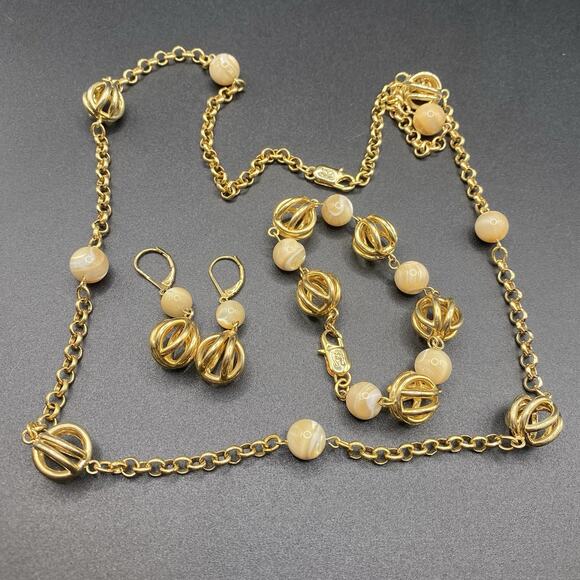 Etienne AIGNER Mop Marble Beads Necklace Earrings Bracelet Suite Set Jewelry - Picture 1 of 5